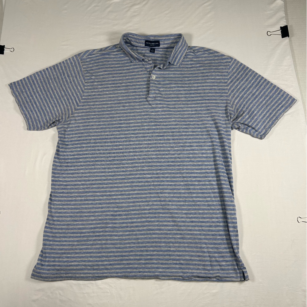 Peter Millar Collection Golf Polo Shirt Men’s L Blue Gray Striped Cotton Linen